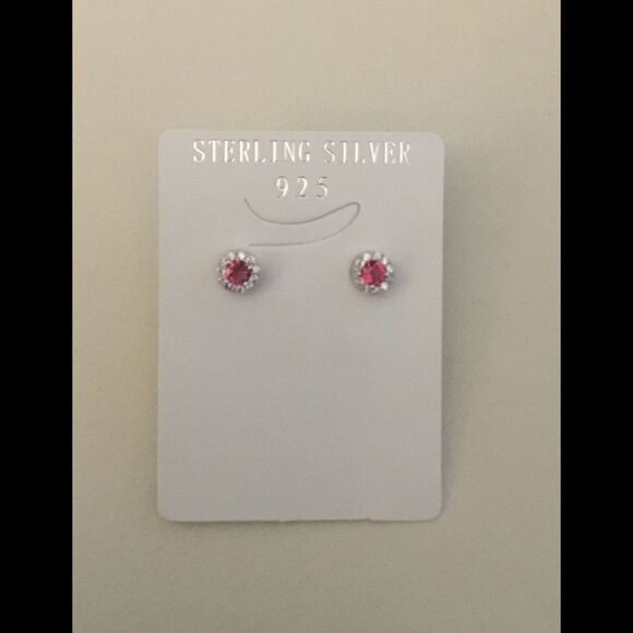 Sparkling Ruby & White Topaz Round Halo Earrings - Picture 1 of 2